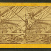 View of deck and masts of a whale ship on its side.