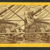 View of deck and masts of a whale ship on its side.