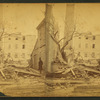 Debris and damaged buildings from explosion.