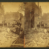 Debris and damaged buildings from explosion.