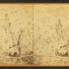 Winter scene showing a ship with ice covering the rigging.