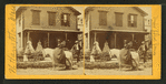 Miss Olive Jones sitting sidesaddle on her horse as others look on from the porch of a home.