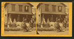 Miss Olive Jones sitting sidesaddle on her horse as others look on from the porch of a home.