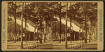 Partial view of a large open-air structure with rows of wooden benches and pine trees.