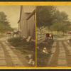View of a farm yard scene showing dogs, cats, barn, buggy, wagon and man and boy.