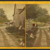 View of a farm yard scene showing dogs, cats, barn, buggy, wagon and man and boy.