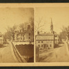 View of a street showing a church and homes.