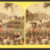 Hand-colored view of the Public Gardens showing two women with a stoller.]
