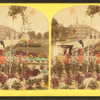 Hand-colored view of the Public Gardens showing two women with a stoller.