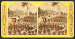 Hand-colored view of the Public Gardens showing two women with a stoller.