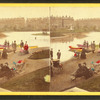 Colorized view of people walking on a path and at the boat launch.