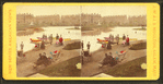 Colorized view of people walking on a path and at the boat launch.