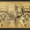 Interior view of C.F. Hovey and Co., showing salesmen among counters piled with fabric and a dress on form in the foreground.