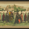 Crow girls, with a view of tents, wagons and bluffs in the background.