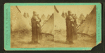 Portrait of a Sioux (Dakota) woman named Wenona among a group of teepees.