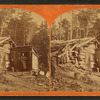Woman stands in doorway of log cabin on the Northern Pacific Road.