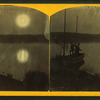 View of two people on a boat in the moonlight.
