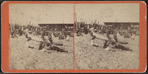 Beach scene, people and boat.