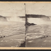 Man lying on tightrope over the rapids, Niagara Falls.