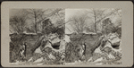 View of snow covered rocks and bridge.