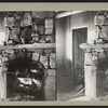 Active stone fireplace with glass lantern and various objects on mantle.