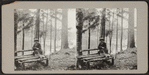 Woman sitting on a log bench.