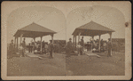 Group of people standing under a shelter.