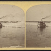 Buffalo harbor, boat and ice in water.]