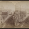 Erie Railroad yard, showing locomotive and switching yard.