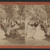 Portrait of a group of men and women (one with a child on her lap) sitting in chairs on a lawn