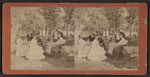 Portrait of a group of men and women (one with a child on her lap) sitting in chairs on a lawn