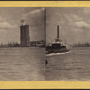 View of a steamer and Brooklyn Bridge tower.