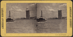 View of a steamer and Brooklyn Bridge tower.
