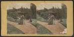 View of people enjoying the park, (rustic bridge in the distance.