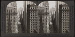 From Empire Building looking north on Broadway past Trinity Church, New York City.