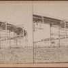 View of elevated railway with stone wall.