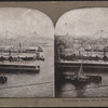Steamship docks above Brooklyn Bridge.