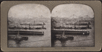 Steamship docks above Brooklyn Bridge.
