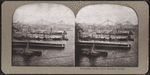 Steamship docks above Brooklyn Bridge.