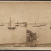 View in New York Harbor. Sloop sailing rapidly with reefed mainsail.