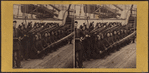 Group of soldiers charging with bayonets, on board of the Italian man of war Re Galantuomo, in New York Harbor, 1862.
