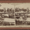 Music day in the park. [Crowd and coaches gather around music stand and tents.]