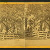 Adults and children posing behind the fences of their home.
