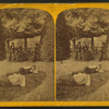 View of a park in Garrettsville with two boys on lawn and a man and two women beyond near trees.