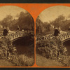 Men walking over a bridge in a park.
