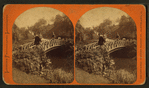 Men walking over a bridge in a park.