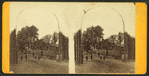 Men and children pose before stockade fence under bent tree trunk arch, Luzerne County, Pa.