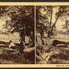 Views on Catawissa Island. [Man sitting on logs, farm in the background.]