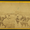 Seven men fishing from rocky edge of pool.