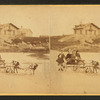Children in goat cart on beach.